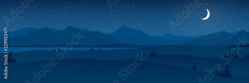 mountains and hills at night landscape flat design panorama