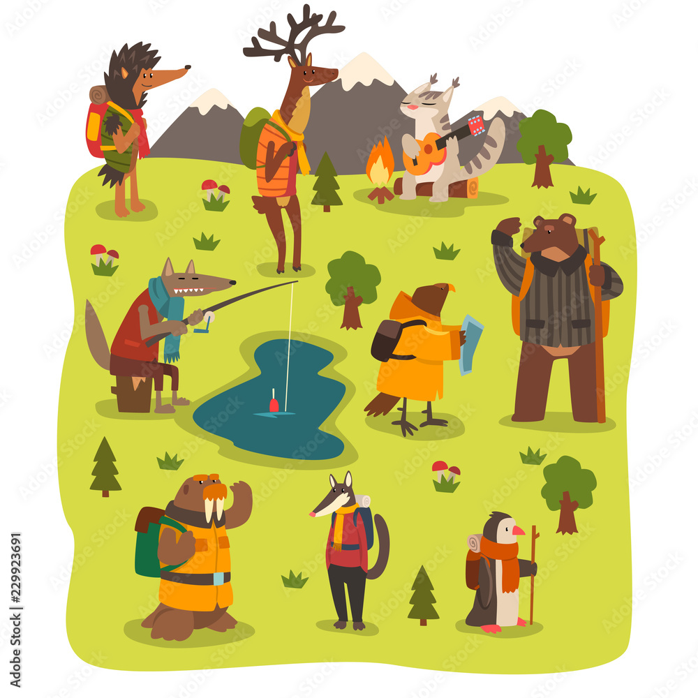 Wild animals travelling set, cute animals characters having hiking adventure travel or camping trip vector Illustration