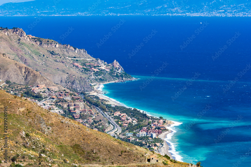 View of Taormina's coastline from Castelmola village. Castelmola, Sicily, Italy.