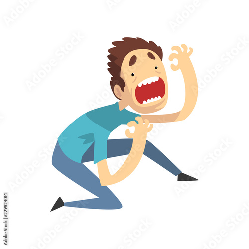Scared and panicked young man screaming desperately, emotional guy afraid of something vector Illustration on a white background