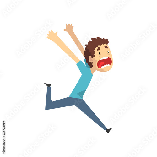 Panicked young man running and screaming desperately, emotional guy afraid of something vector Illustration on a white background