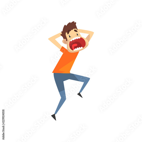 Scared and panicked young man creaming desperately, emotional guy afraid of something vector Illustration on a white background