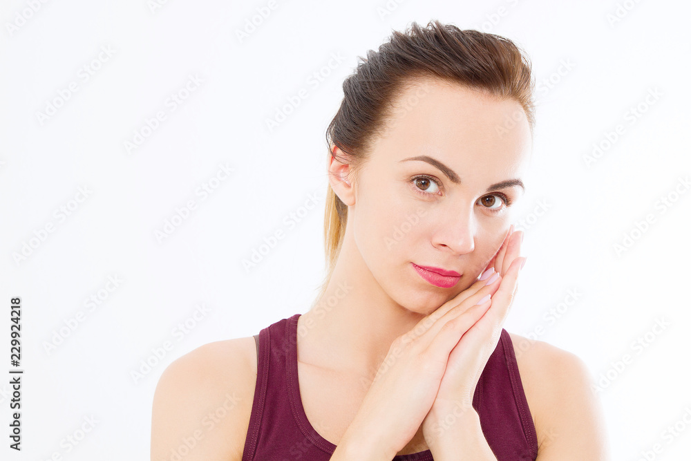 Macro Woman face with no wrinkles on forehead. Skin care and spa face beauty. Cosmetology facial treatment and anti aging concept. Copy space Macro Woman face with no wrinkles on forehead. Skin care and spa face beauty. Cosmetology facial treatment and anti aging concept. Copy space
