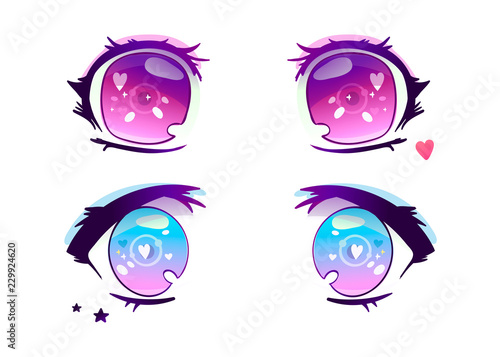 Hand drawn anime eyes. Colored vector set. All elements are isolated