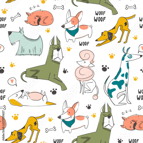 Hand drawn various cats. Colored vector seamless pattern