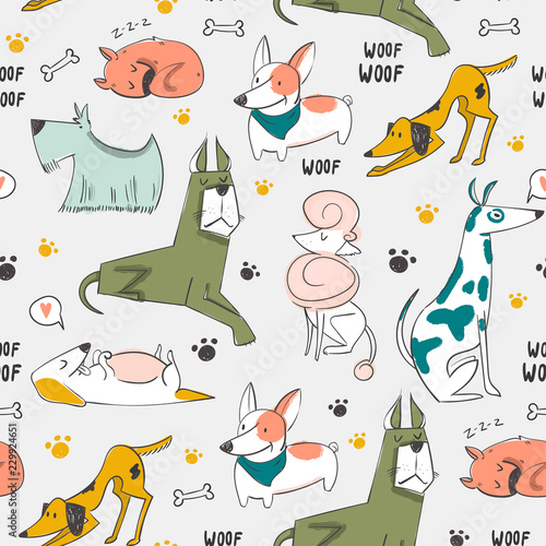 Hand drawn cartoon style dogs. Colored vector seamless pattern. Grey background