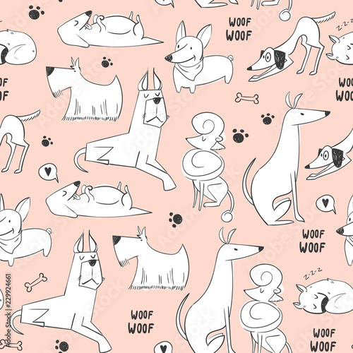 Fototapeta Naklejka Na Ścianę i Meble -  Hand drawn cartoon style dogs. Vector seamless pattern. Pink background