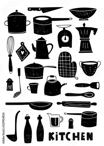Hand drawn Kitchenware. Graphic vector set. Skratchy texture photo