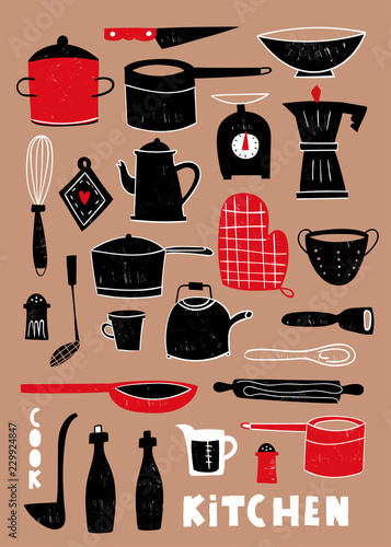 Hand drawn kitchen utensils. Colored graphic vector set. Brown background
