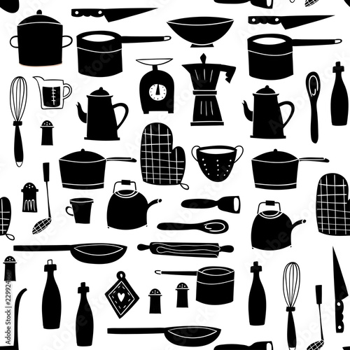 Hand drawn Kitchenware. Graphic vector seamless pattern
