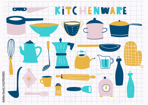 Hand drawn Kitchenware. Colored vector set. Checked background