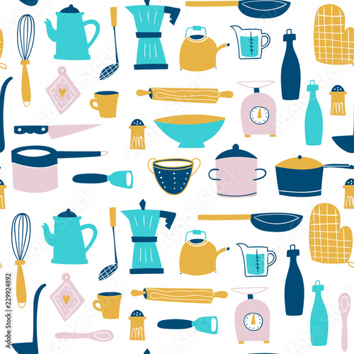 Hand drawn Kitchenware. Colored vector seamless pattern
