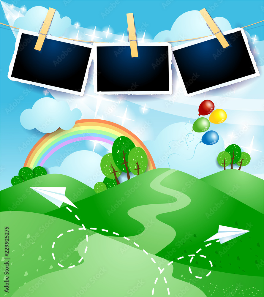 Fototapeta premium Paper landscape with hills, paper airplanes and photo frames