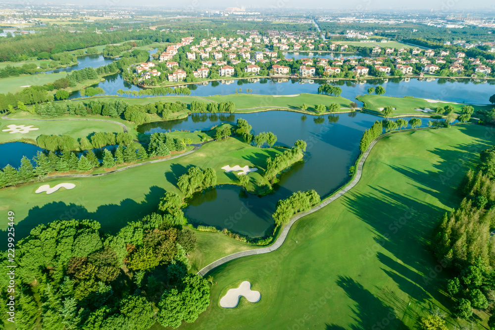 Aerial view of a beautiful green golf course