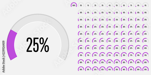 Set of circular sector percentage diagrams (meters) from 0 to 100 ready-to-use for web design, user interface (UI) or infographic - indicator with purple