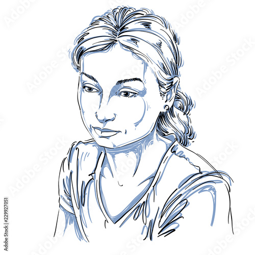 Vector portrait of sad attractive woman, illustration of good-looking sorrowful female. Person emotional face expression.