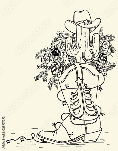 Cowboy boot with Christmas elements isolated on white.Vector hand drawn illustration