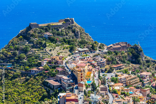 The view from the small village Castelmola at mountain top above Taormina, with the view of Mediterranean Sea and the skyline of Taormina.