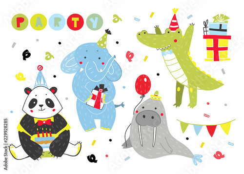 Hand drawn birthday party animals. Colored vector set. All elements are isolated © Dariia