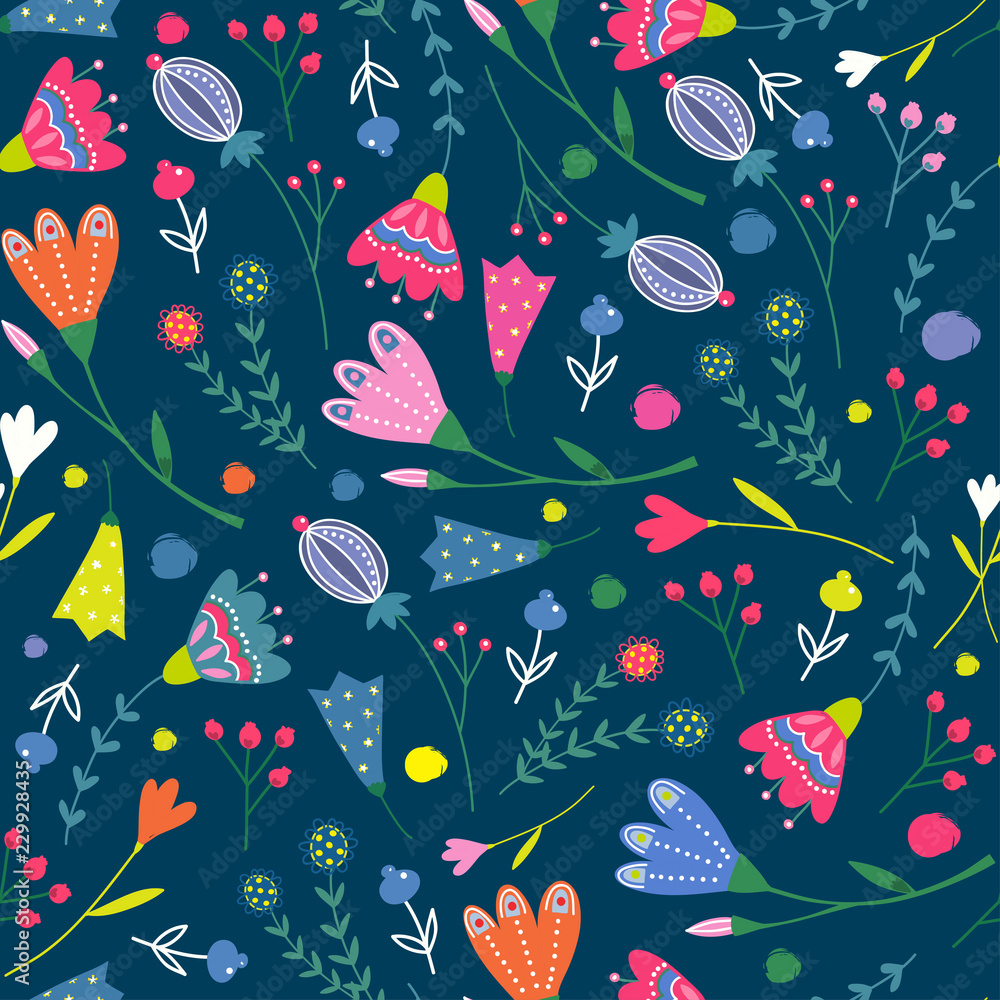 Ethnic style flowers. Hand drawn vector seamless pattern. Dark background