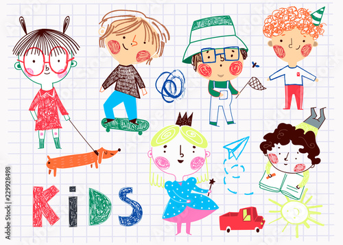 Hand drawn kids. Childish style. Colored vector set. All elements are isolated
