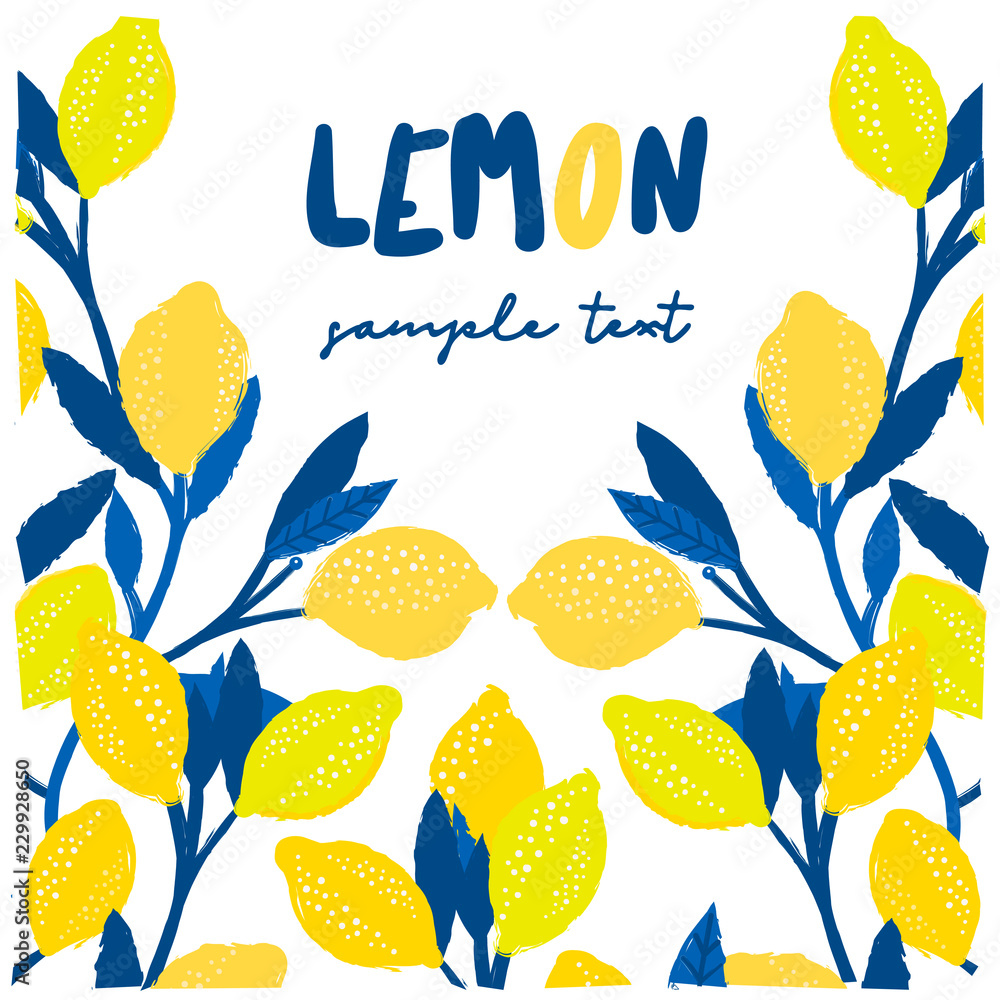Fototapeta Lemon greeting card. Sample text. Hand drawn lemon tree branches. Colored vector illustration
