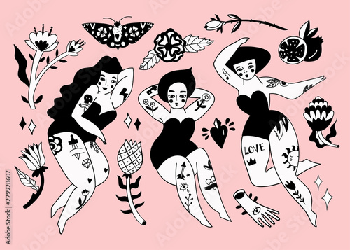 Beautiful tattooed women. Graphic vector set. All elements are isolated