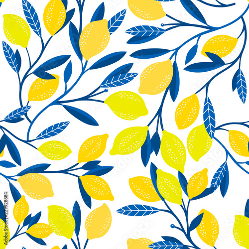 Hand drawn lemon tree branches. Colored vector seamless pattern
