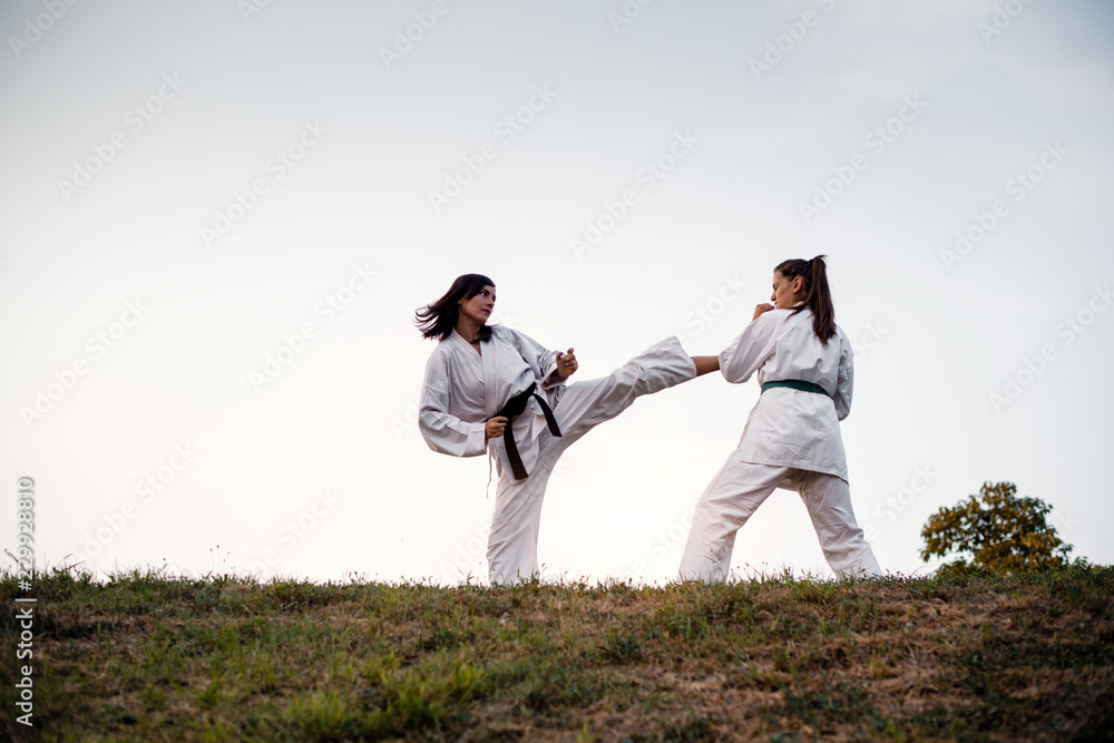 Fototapeta premium Martial artists training on top hill at sunset.
