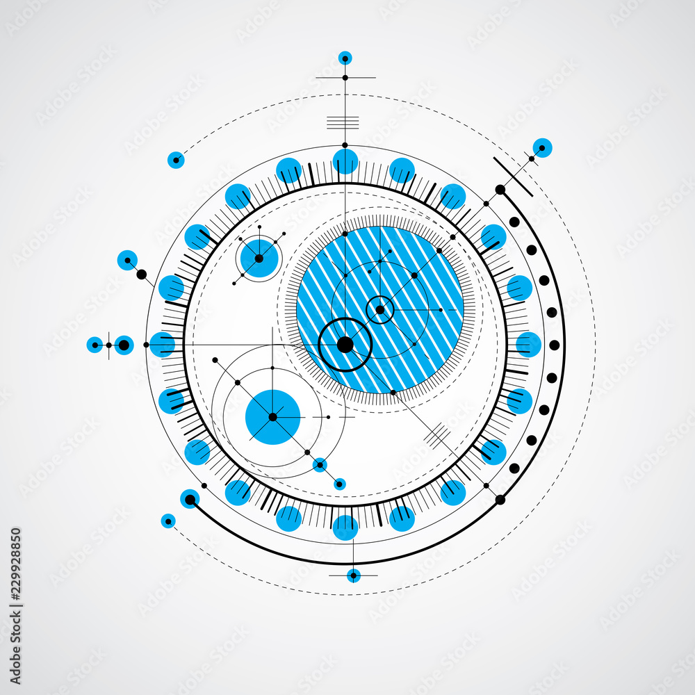 Geometric technology vector drawing, blue technical wallpaper. Abstract scheme of engine or engineering mechanism.