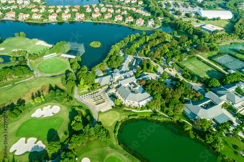 Aerial view of a beautiful green golf course