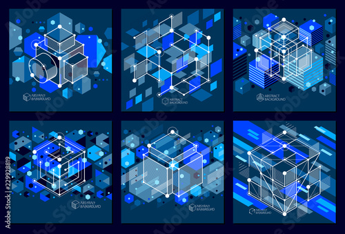 Lines and shapes abstract vector isometric 3D blue black backgrounds set. Abstract scheme of engine or engineering mechanism. Layout of cubes, hexagons, squares, rectangles and different elements.