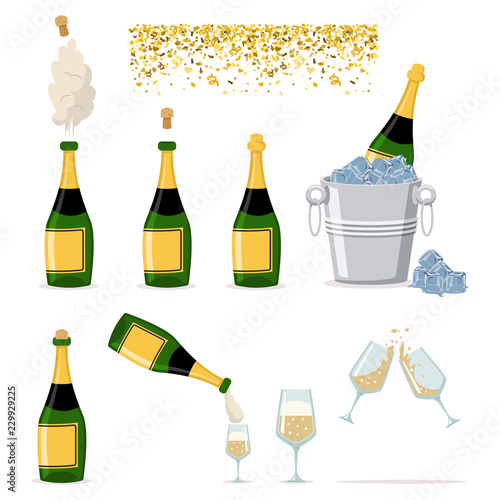 Champagne bottle is closed, open, an explosion of cork, bucket with ice, wine glasses and confetti. Vector flat icons set of party and holiday elements isolated on white background.
