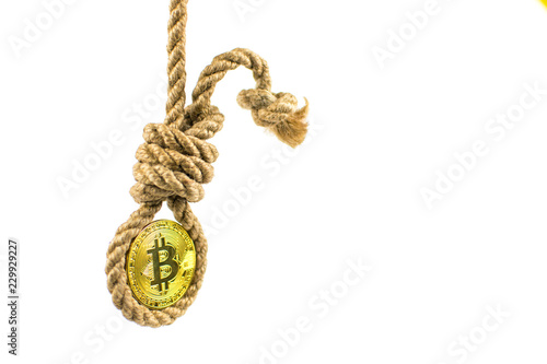 Death bitcoin. Coin bitcoin in the gallows on a white background. Isolated.