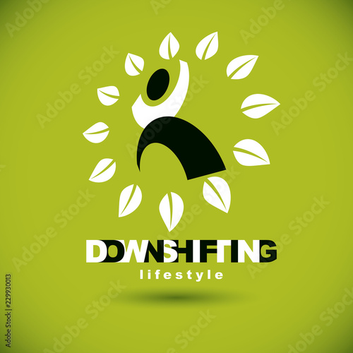 Vector illustration of happy abstract human with reaching up. Downshifting concept logo. Wanderlust and countryside vacation icon. Green ecology metaphor.