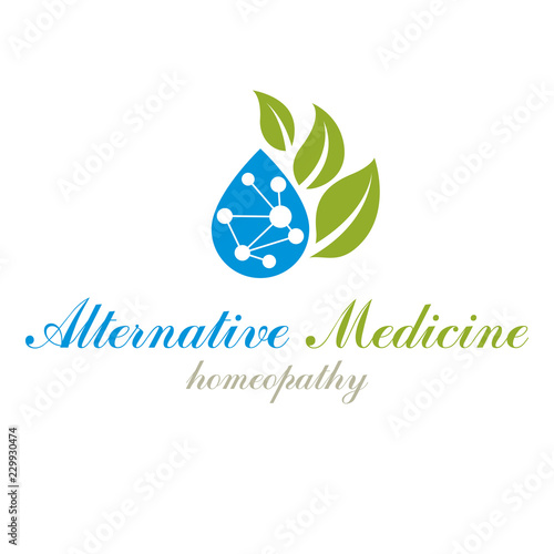 Green leaves composed with molecule model symbol. Living in harmony with nature concept, green health idea logo. The impact of homeopathy on pharmacology and scientific research.