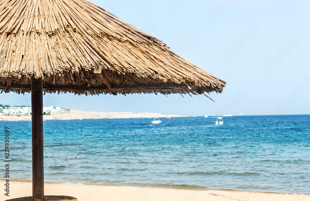 Beach umbrella on sea beach. Space for text.