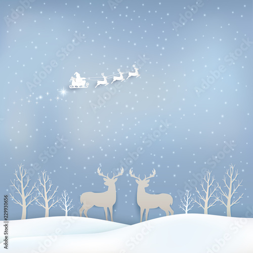 Santa and Deer with sleigh Christmas season background paper art style illustration © kheat