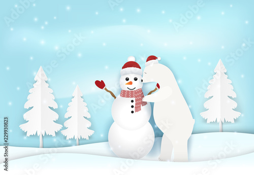 Polar bear with Snowman in winter greeting card paper art, paper craft