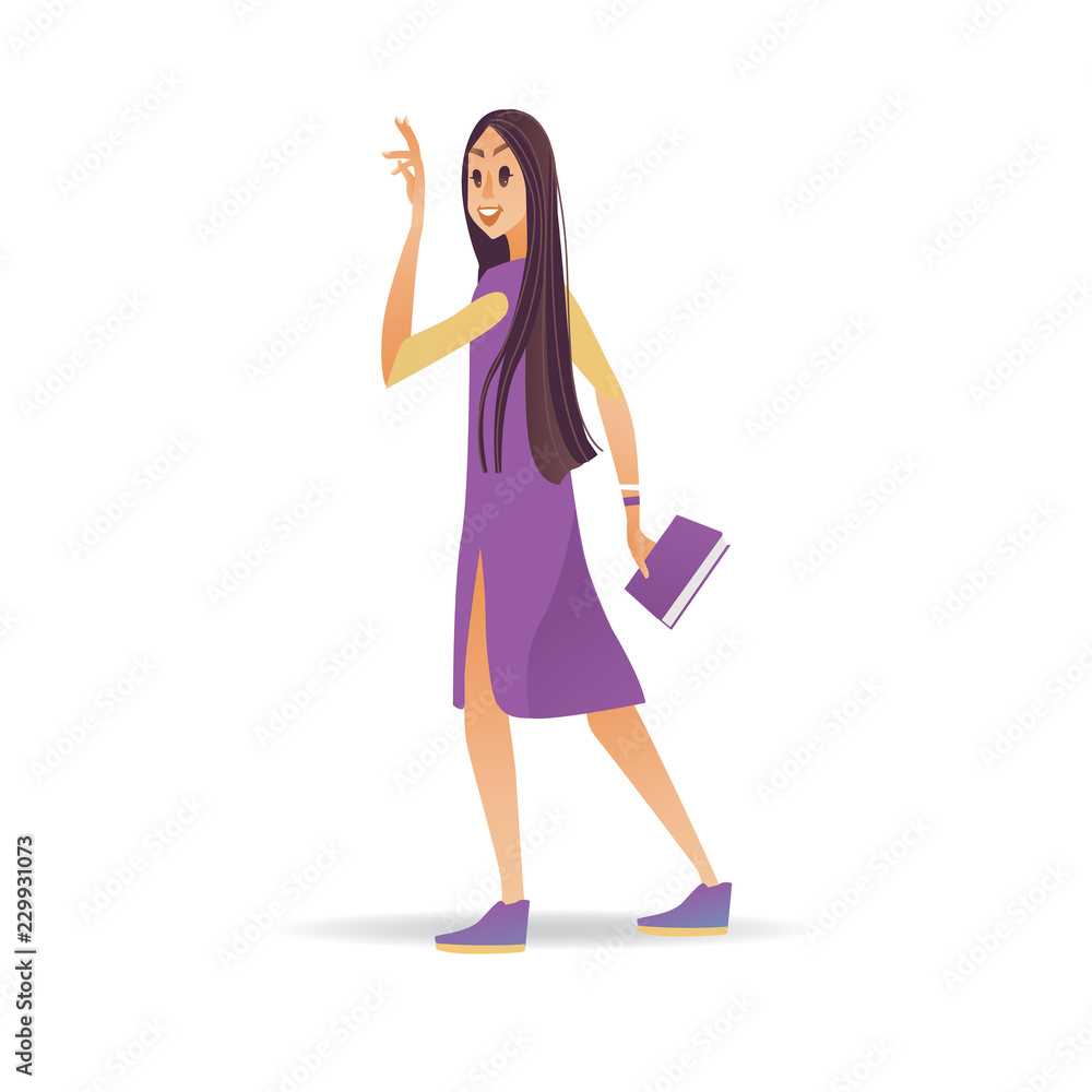 Young woman waving hand while walking - cartoon smiling girl with book  greeting or saying goodbye isolated on white background. Female character  with welcoming gesture in vector illustration. Stock Vector | Adobe Stock