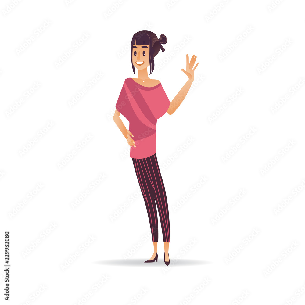 Young woman waving hand - cartoon smiling girl greeting or saying goodbye  isolated on white background. Beautiful female character standing with  welcoming gesture in vector illustration. Stock Vector | Adobe Stock