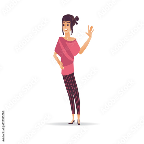 Young woman waving hand - cartoon smiling girl greeting or saying goodbye isolated on white background. Beautiful female character standing with welcoming gesture in vector illustration.