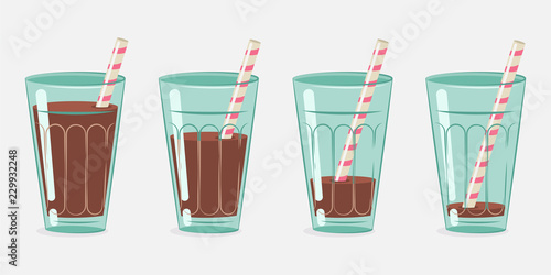 Chocolate milk, cocoa in a glass with a cocktail straw. Vector cartoon set isolated on white background.