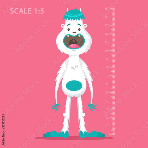Kids meter wall with funny cartoon bigfoot and measuring ruler. Vector illustration of cute yeti monster isolated on a blue background.