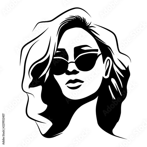 Woman with curly hair wearing butterfly sunglasses. Black and white style portrait. Vector illustration. Eps 10.