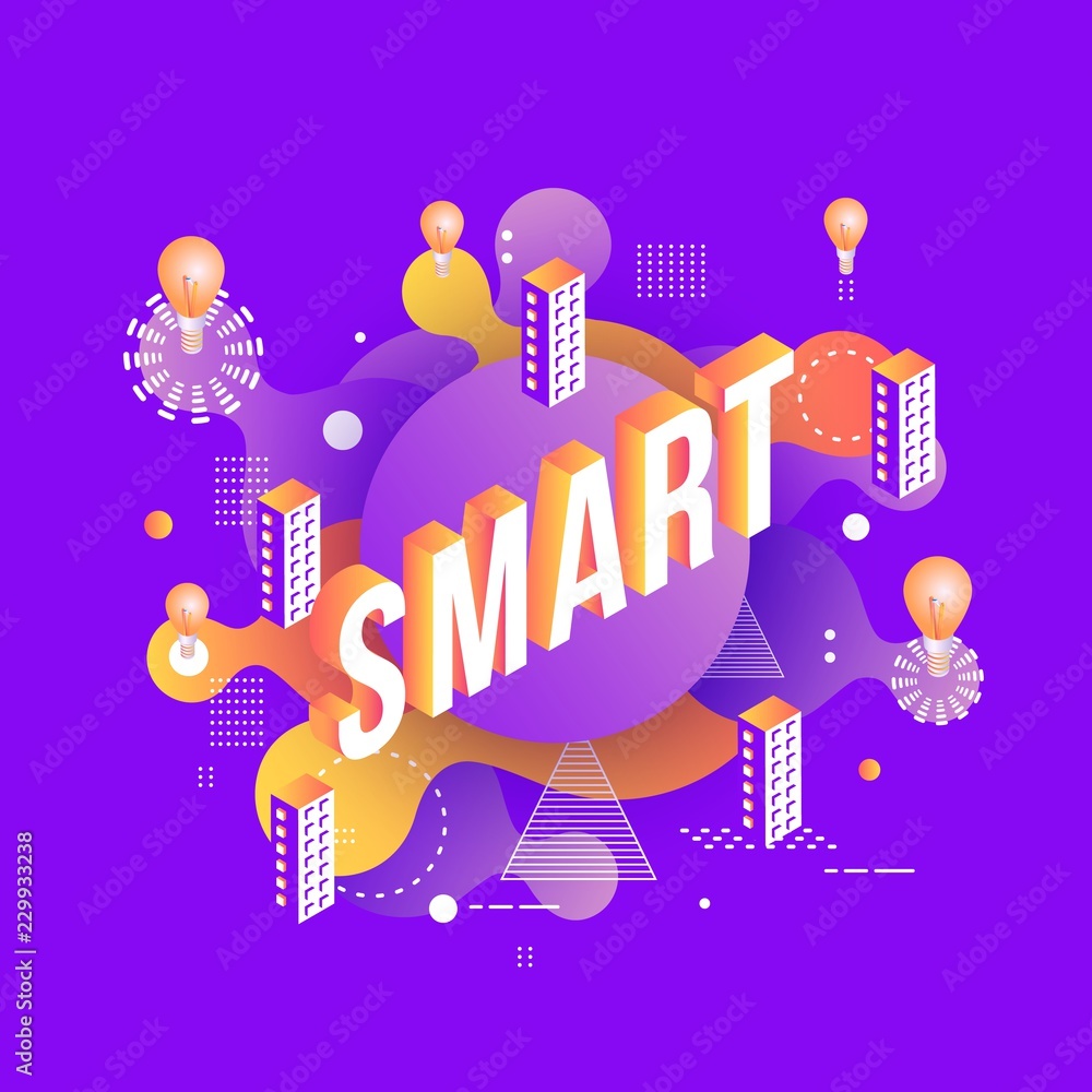 SMART goal setting trendy background template with vibrant gradient purple colors, abstract round shapes with rlight bulbs,buildings. Vector modern poster, banner, presentation layout