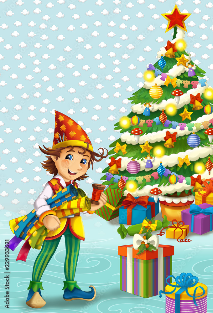 Naklejka premium cartoon scene with santa helper looking dwarf near some presents and christmas tree - illustration for children