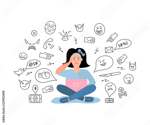 Vector illustration, sad teenage girl. Cyberbullying, trolling. Social network media community technology problems. Flat and line style.
