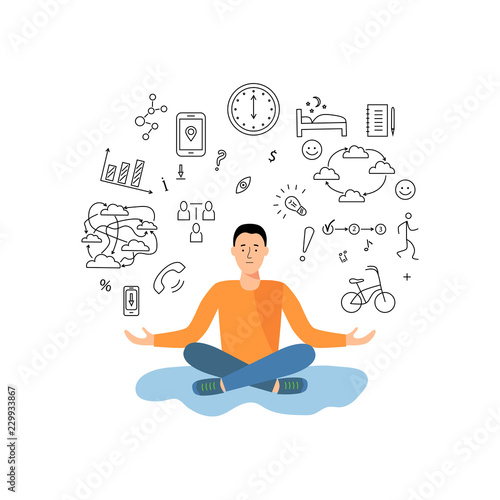 Person is balancing between work, getting information and rest, sport, other activities. Information and data overload concept. Flat and line design