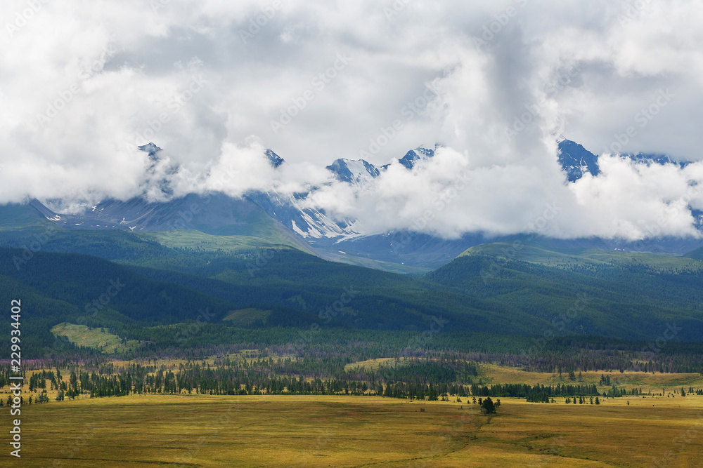 Scenic view of the snow-covered North-Chuya range in the Altai mountains in the summer, Siberia, Russia